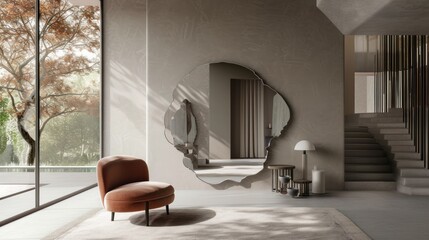  a chair sitting in front of a round mirror on a wall next to a stair case and a table with a lamp on top of a rug in front of a room.