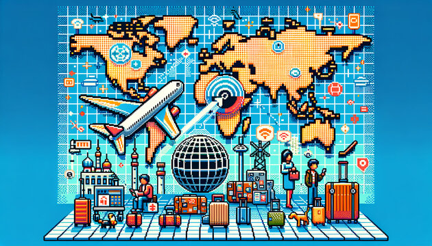 Pixelated global travel scene with vintage world map, iconic landmarks, and travelers - Powered by Adobe