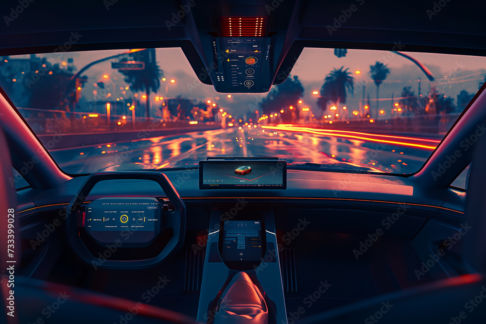 Poster autonomous self-driving futuristic car without driver. first-person view