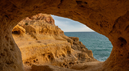 Surreal seascapes with natural caves, tidal pools and trails in the Algar seco cliffs, Carvoeiro,...