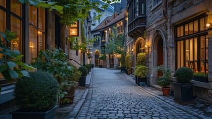  a cobblestone street with potted plants on either side of it and a building on the other side of the street lit up by street lamps at night.