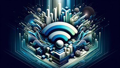 Dynamic Wi-Fi symbol disintegrating into digital ether surrounded by tranquil geometric harmony and rhythmic patterns.