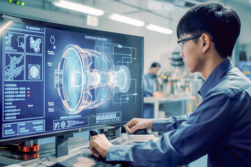 Asian Man Working on Computer with Mechanical Blueprint in Industrial Setting