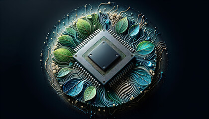 Seamless integration of silicon chip and organic forms symbolizing harmonious future