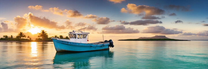 Fishing boat at sunset time. Le Morne Brabant on background. Mauritius. Panorama
