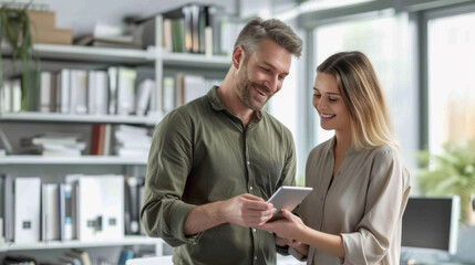Obraz premium Two professionals are closely reviewing content on a tablet, sharing a cheerful moment in an office with bookshelves and plants in the background.