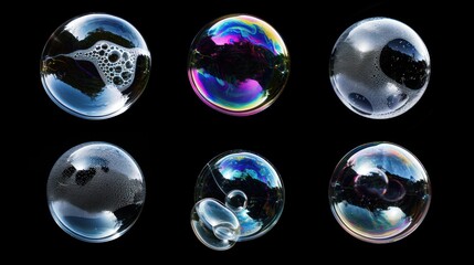  a group of soap bubbles sitting next to each other on top of a black surface with a reflection of a person in the middle of the bubbles on top of the bubbles.