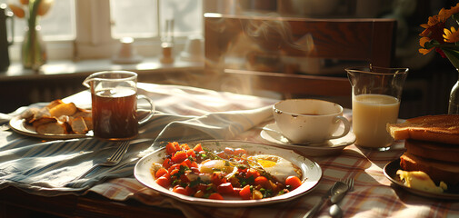 photo of breakfast on a wooden table with sunlight - obrazy, fototapety, plakaty
