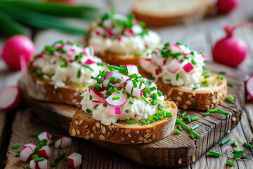 Obraz na płótnie Canvas bruschetta with grain bread, soft cheese, radish and chives on wooden background
