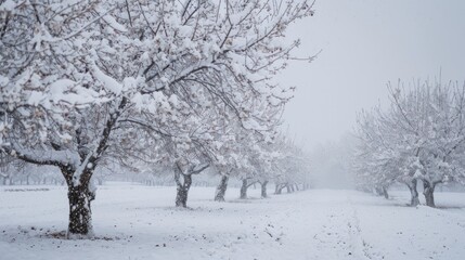  a row of trees covered in snow next to a field with snow on the ground and one tree in the foreground and one tree in the foreground with snow on the ground.