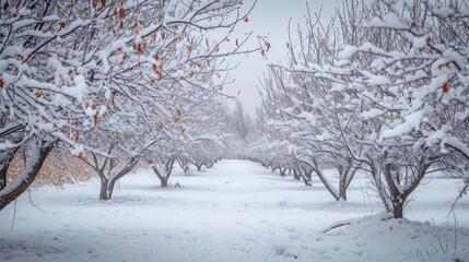  a row of trees covered in snow next to a forest with lots of trees covered in snow on both sides of the trees are red berries and orange berries on the branches.
