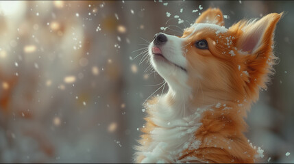 Little fox rejoices the first snow encounter at sunset. Deep autumn evening. Close up sunny portrait of the happy smiling animal. 