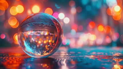 a glass sphere on the table reflecting bright multi-colored lights