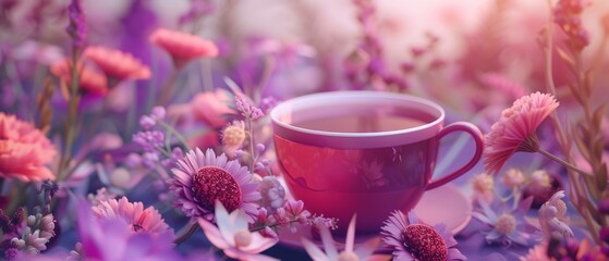 Obraz na płótnie Canvas a cup of tea surrounded by flowers