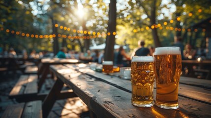 A lively beer garden, with long wooden tables and steins of beer clinking together in celebration - obrazy, fototapety, plakaty