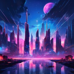 Futuristic Cyberpunk Cityscape Under a Neon Pink Sky
