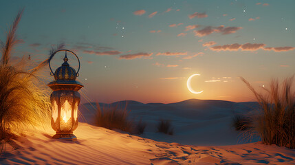 3D render of illuminated arabic lamp on a sand dune with a realistic crescent moon, depicting an Islamic religious concept. - obrazy, fototapety, plakaty