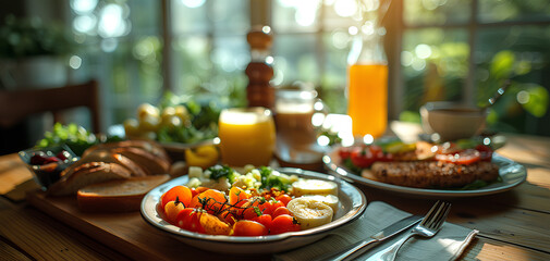 photo of breakfast on a wooden table with sunlight