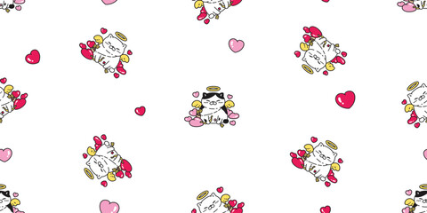 cat seamless pattern cupid angel heart valentine vector fat kitten calico munchkin neko pet cartoon doodle tile background gift wrapping paper illustration repeat wallpaper isolated design
