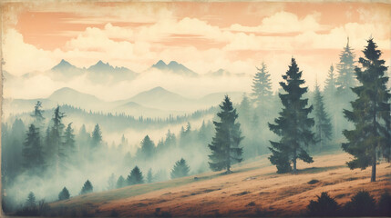 Misty landscape with fir forest in hipster vintage retro style