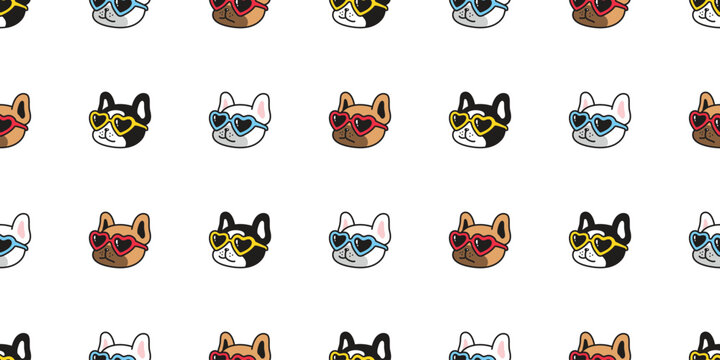 dog seamless pattern french bulldog heart sunglasses vector puppy pet doodle cartoon tile background gift wrapping paper repeat wallpaper illustration scarf isolated design