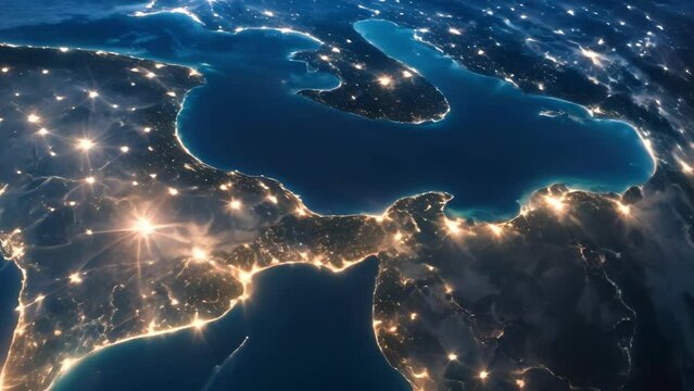 Satellite Image of Earth at Night: Illuminated Cities and Natural Phenomena
