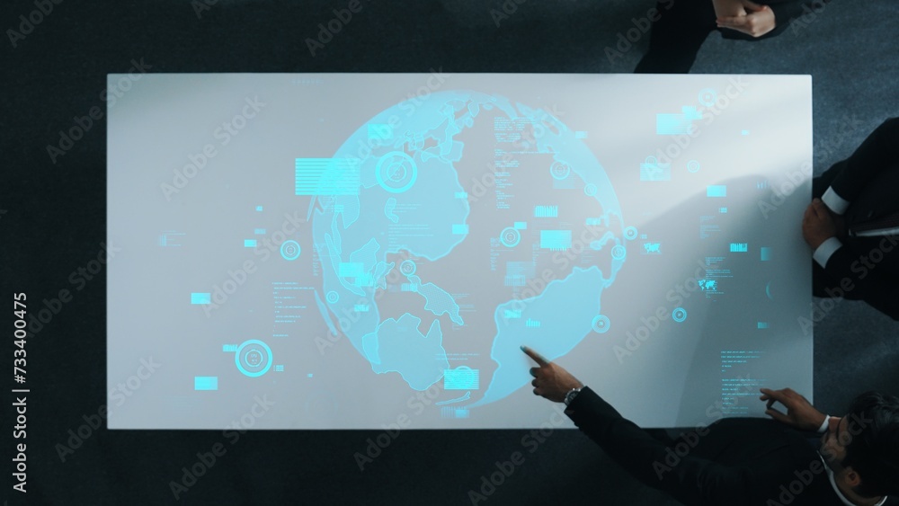 Poster skilled business team talk and present data communication system while project manager making handsh
