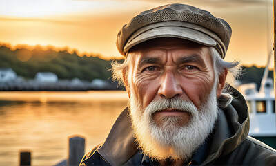 seasoned fisherman portrait, weathered skin etched with deep wrinkles piercing gaze dominates