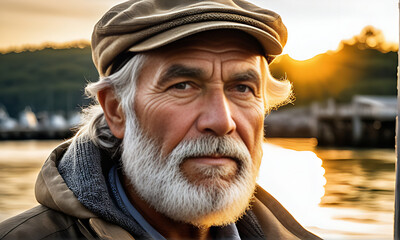 seasoned fisherman portrait, weathered skin etched with deep wrinkles piercing gaze dominates