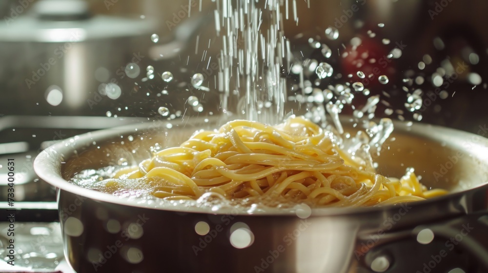 Wall mural a pan of pasta being sprinkled with a sprinkle of water on top of a stove top with a pot of boiling 