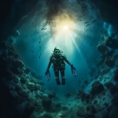 Serene Underwater Exploration with Scuba Diver Amidst Sun Rays - obrazy, fototapety, plakaty