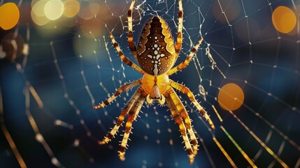  a close up of a spider on it's web in the middle of a blurry image of a bouncy orb - like structure with lights in the background. - obrazy, fototapety, plakaty