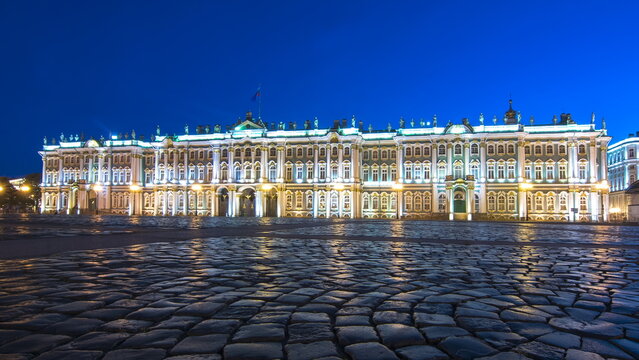 Hermitage museum (Winter Palace) on Palace square at night, Saint Petersburg, Russia