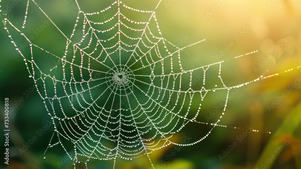 Wall mural a close up of a spider web with dew drops on it's spider's web, in front of a blurry background of g