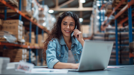 woman with curly hair, smiling while talking on a mobile phone, sitting in front of a laptop in a warehouse environment.