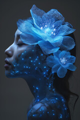 A captivating portrait of a woman adorned with glowing blue flowers, her skin and features artistically embellished with luminescent details that resemble the starry night sky