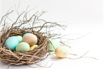 Naklejka na ściany i meble Easter, nest, colored eggs, advertisement, chocolate, holiday.