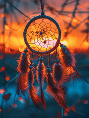 A hologram of a dream catcher appears floating ethereally against a vibrant sunset sky