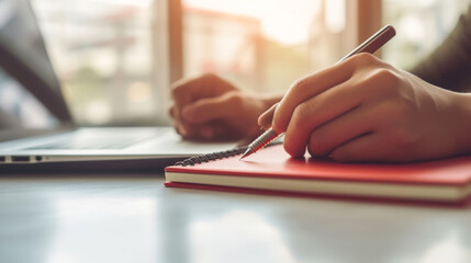 A close-up shows a person's hands signing a document on a desk, one hand holding a pen with precision and the other providing stability