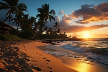 A beautiful sunset shines over a tropical beach, highlighting the footprints left in the sand as the sun touches the horizon.