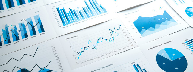 close-up of a collection of business documents with various types of charts and graphs
