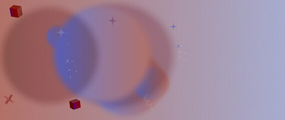 Abstract background, banner. Soft noise blue, purple grain background with copy space. Abstract gradient with cubes and circles. Grain effect with noise. 