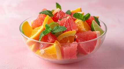  a bowl of cut up grapefruits, oranges, limes, and limes on a pink surface with a mint leafy green garnish.