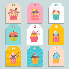 Cupcakes cards print decorative cards with cakes vector pictures collection