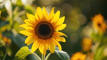  a close up of a sunflower in a field of sunflowers with green leaves in the foreground and a blurry background of trees in the background.