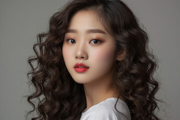 Fototapeta premium Beautiful asian woman with long curly hair, makeup and hairstyle