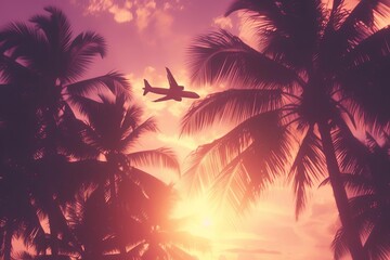 Fototapeta na wymiar Tropical Escape: Sunset Flight
