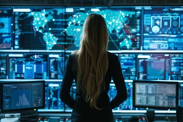 Woman cybersecurity expert in a high-tech office monitoring network security on multiple screens...