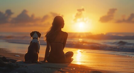 a picture of a woman with a dog sitting on the beach at sunset