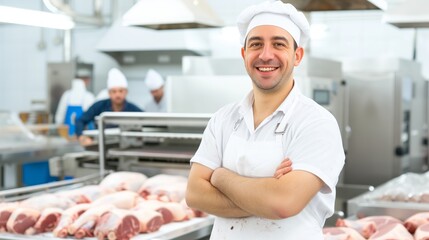 Smiling butcher at the meat factory standing by the hanging meat